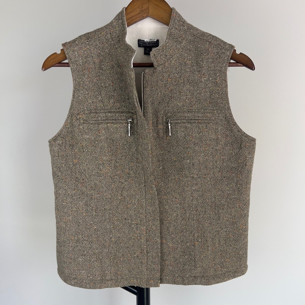 Classiques Entier Brown Tweed Wool Blend Full Zip Vest Womens 10 Mock Neck Fleck